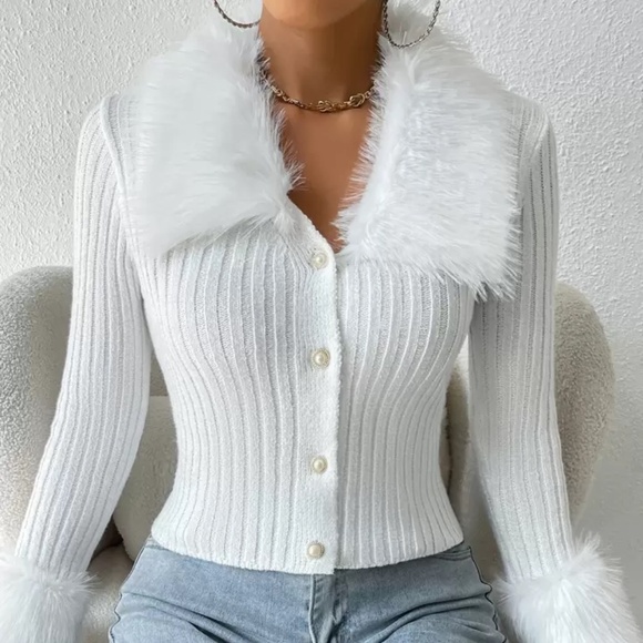 SHEIN Allurite Faux Fur Trimmed Rib Knit Cardigan - Picture 4 of 17